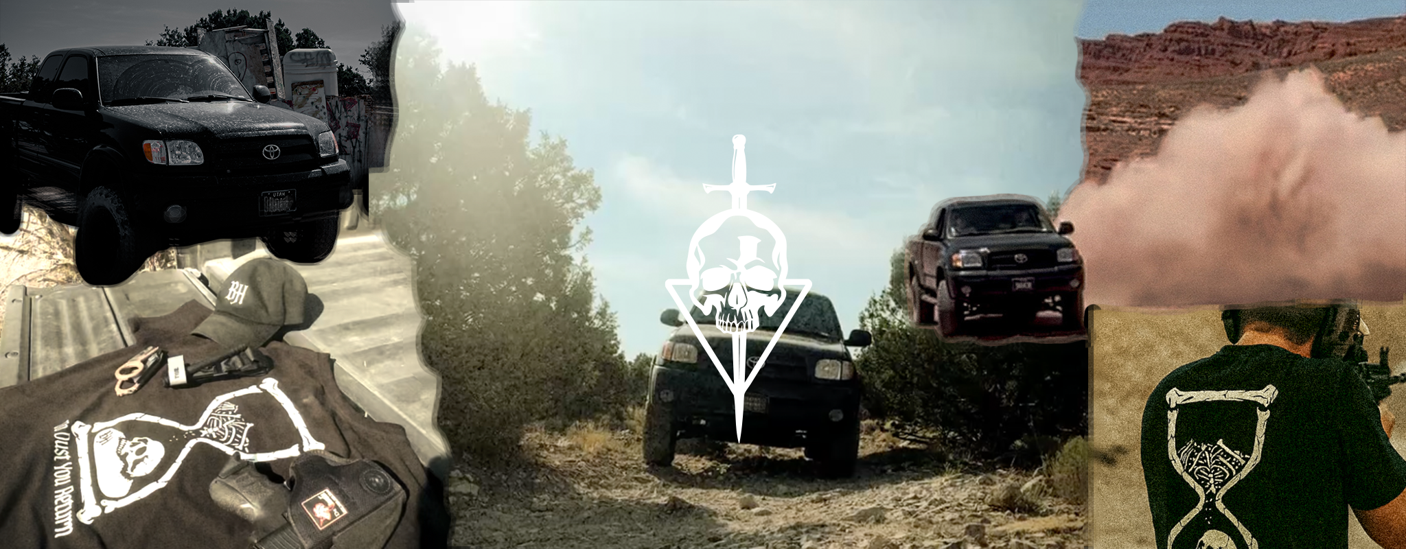 Collage of a truck on a road, a cross with a logo, and a person wearing a shirt with a logo.
